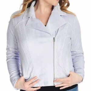 KATE & MALLORY perforated suede baby blue crop moto jacket Size small